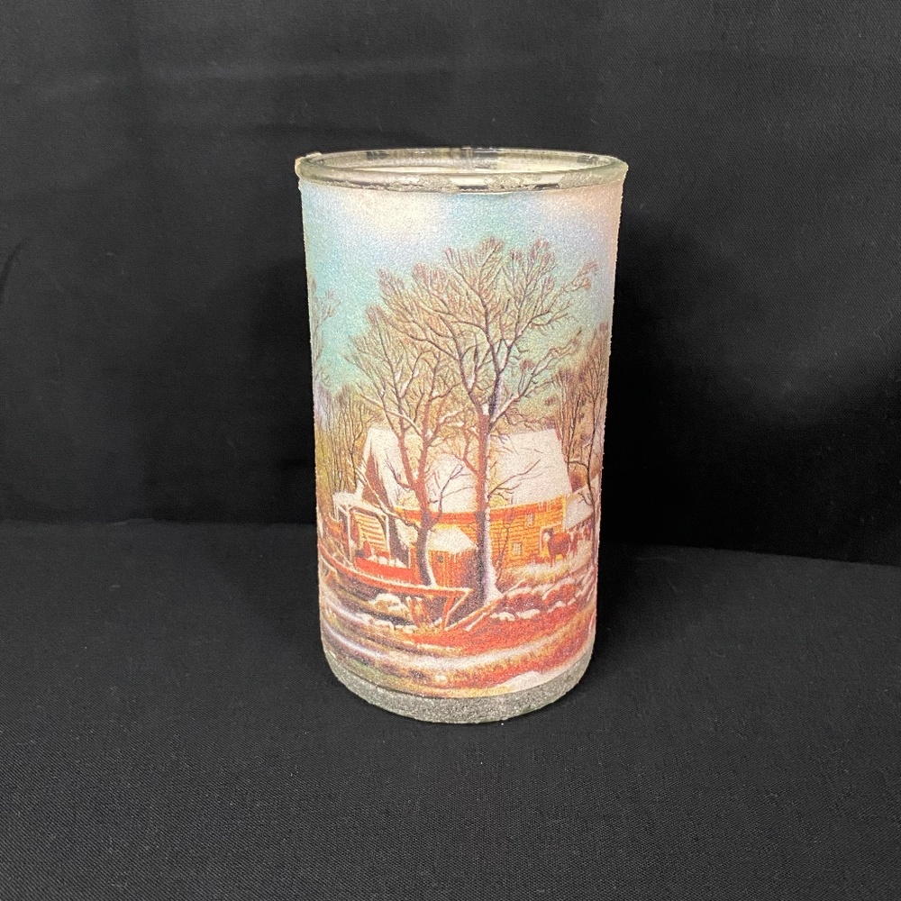 Vintage Danish Currier & Ives Sugared Pillar Candle Holder Winter Barn Mill 5 in